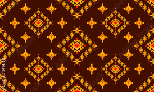 "Native American-inspired geometric patterns with triangles, squares, and circles in orange, gold, and red on a dark brown background. Perfect for fabrics, wallpapers, and rugs, adding warmth and cult