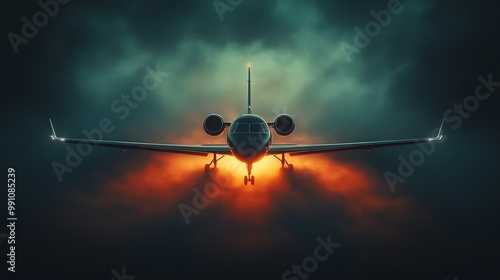 A jet plane is flying through a stormy sky