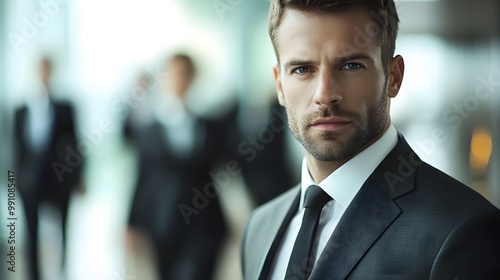 Businessman in tailored suit with black tie and white shirt, set in a corporate environment with blurred colleagues, emphasizing professional attire and sharp detail focus.