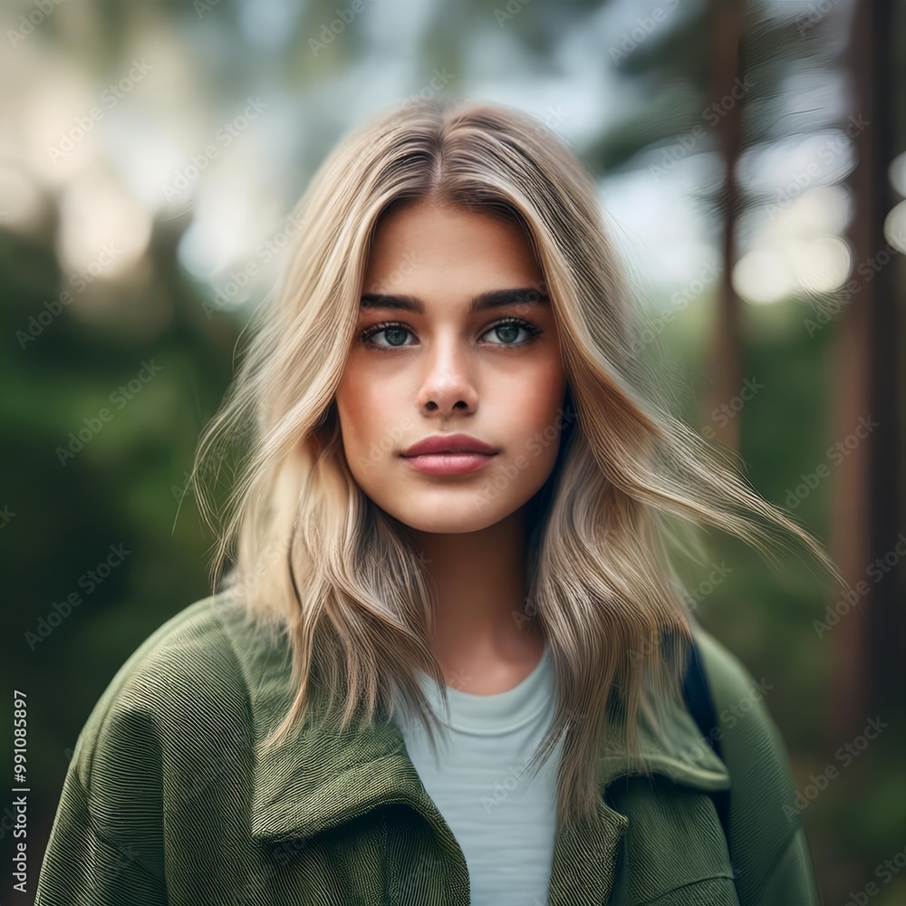 Primer plano de una chica rubia de unos 20 años con la mirada perdida y el pelo suelto Primer plano de una chica rubia de unos 20 años con la mirada perdida y el pelo suelto