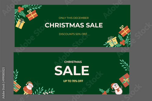 Christmas sale banners with festive elements and xmas characters. Flat illustration for december holidays, celebration design.