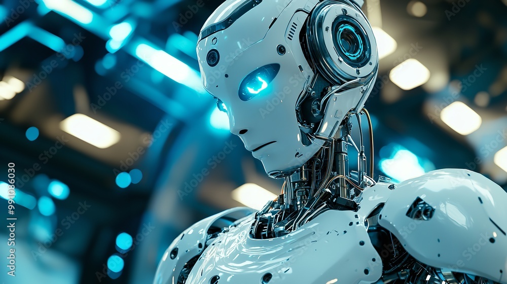 Futuristic Robot with AI Technology and Digital Overlays for Automated Software - 3D Illustration Futuristic Robot with AI Technology and Digital Overlays for Automated Software - 3D Illustration