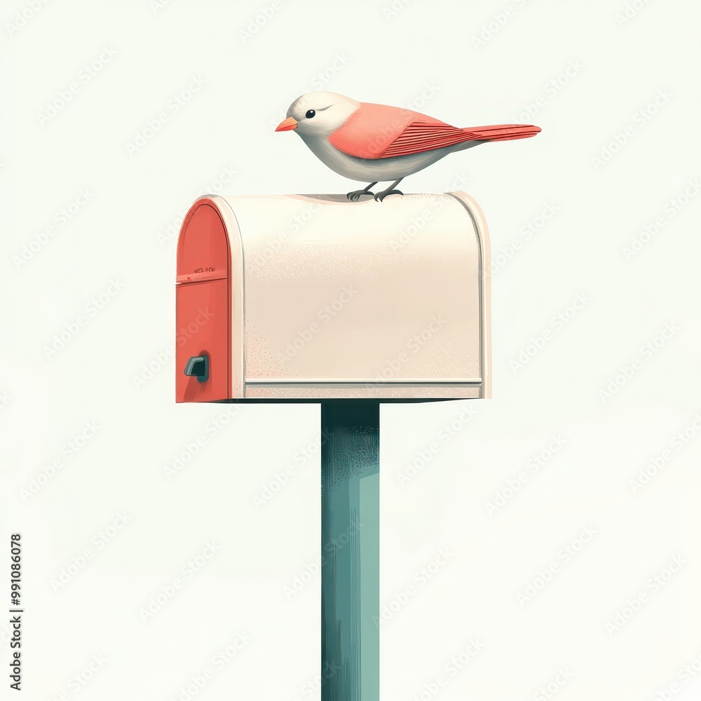 A mailbox with a bird perched on top, peaceful suburban scene, vector illustration, soft tones, isolated on white background A mailbox with a bird perched on top, peaceful suburban scene, vector illustration, soft tones, isolated on white background
