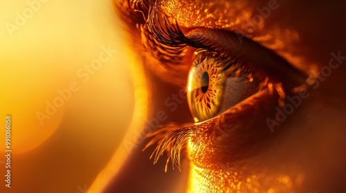 Close-up of a human eye with golden light reflecting in it.