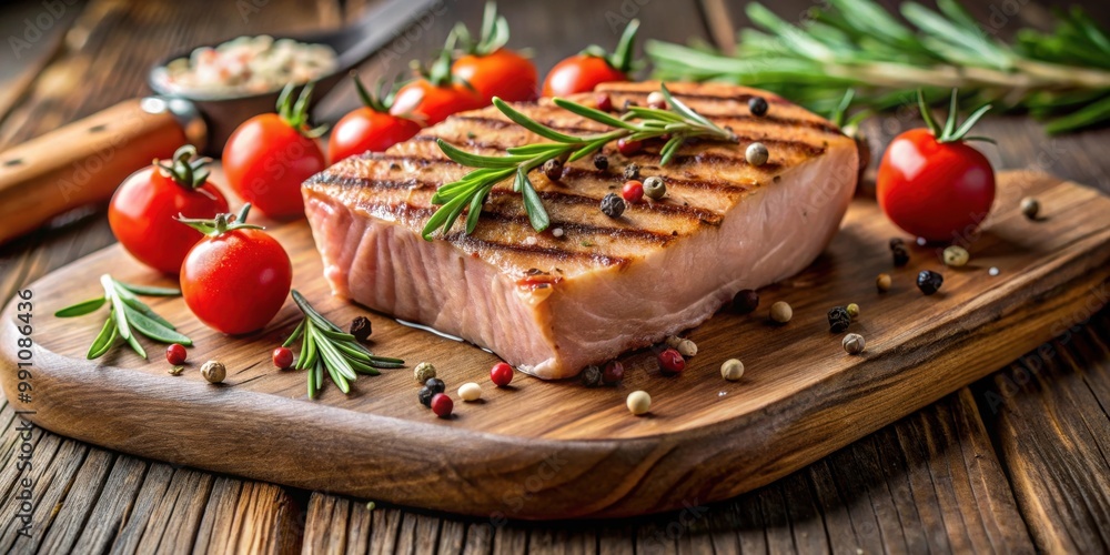 Grilled tuna steak topped with spices, tomatoes and rosemary on a wooden cutting board , Grilled, tuna steak Grilled tuna steak topped with spices, tomatoes and rosemary on a wooden cutting board , Grilled, tuna steak
