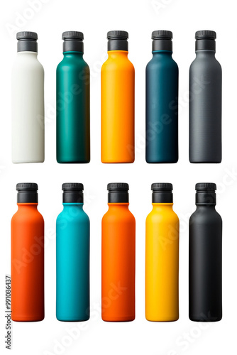 A row of water bottles in various colors