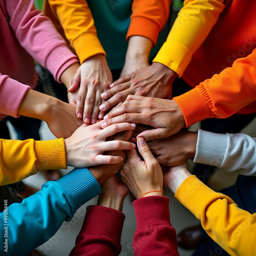 From above of anonymous team members in casual clothes while standing together huddling in circle and stacking hands in unity