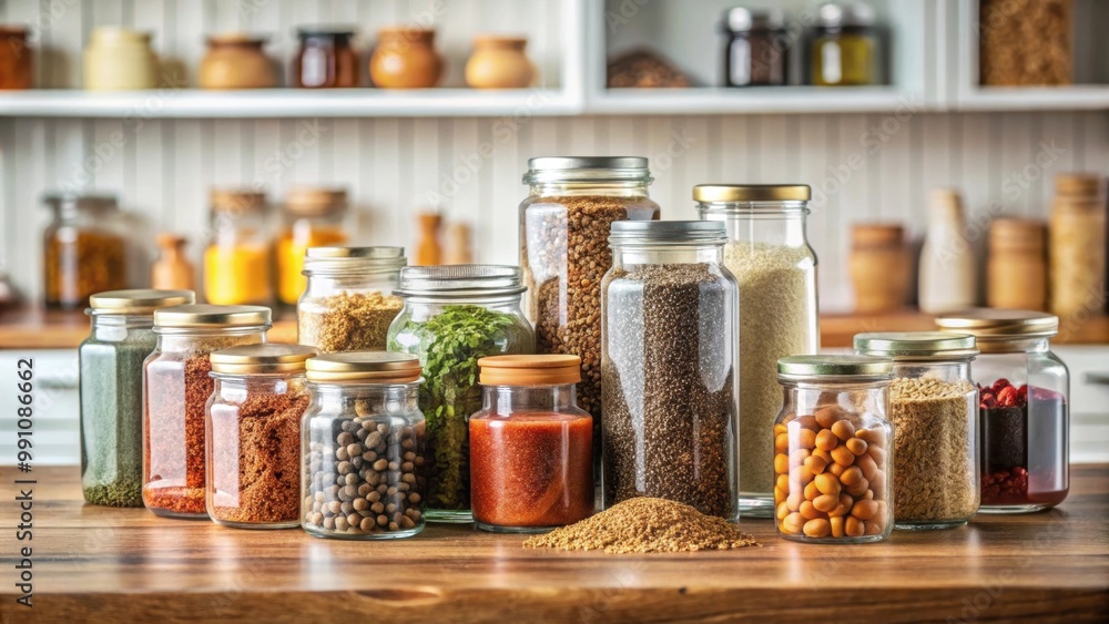 Spices and grains in matching jars on kitchen counter with simple vegan ingredients and seasonings , spices, grains Spices and grains in matching jars on kitchen counter with simple vegan ingredients and seasonings , spices, grains