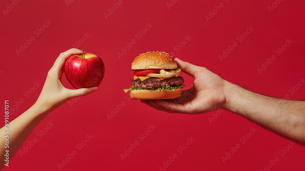 Female hand holding apple and burger on red background, showing healthy food versus fatty hamburger or fast food bun. Concept with space for text in the center. Female hand holding apple and burger on red background, showing healthy food versus fatty hamburger or fast food bun. Concept with space for text in the center.