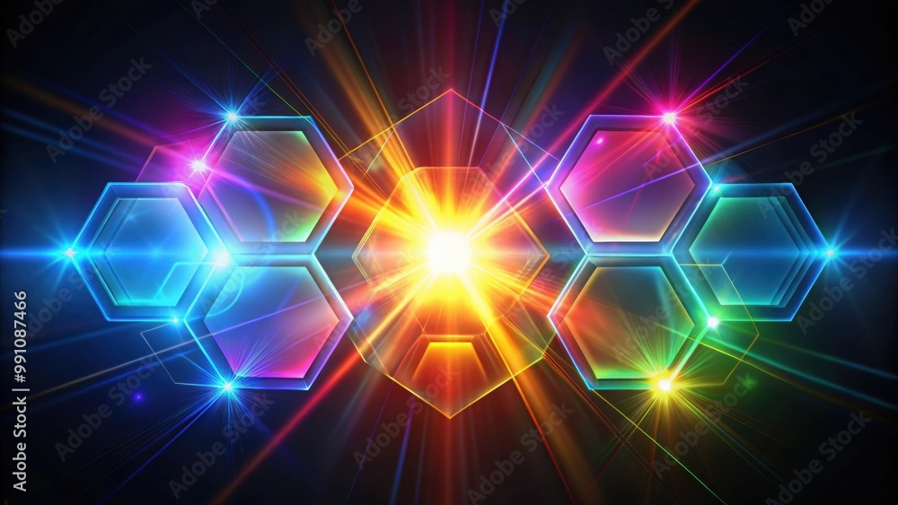 Colorful hexagon lens flares with varying antireflection coatings on black background , solar, camera lens, flare Colorful hexagon lens flares with varying antireflection coatings on black background , solar, camera lens, flare
