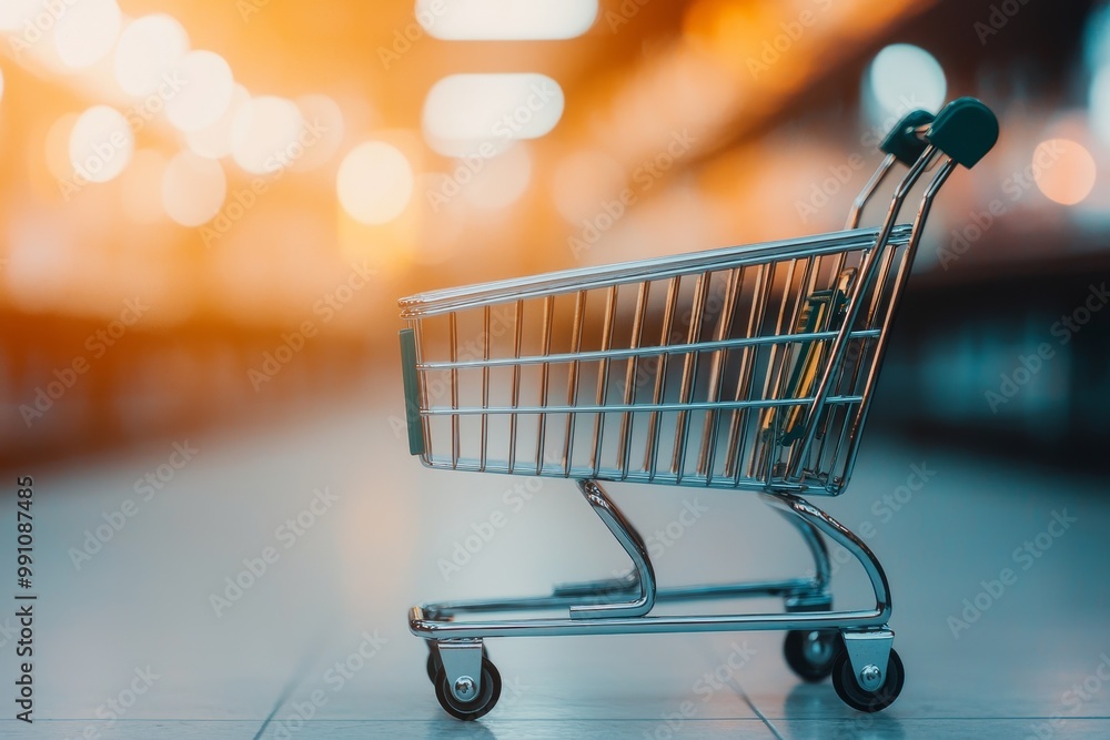 Shopping cart on blurred background, symbolizing commerce and retail. Shopping cart on blurred background, symbolizing commerce and retail.