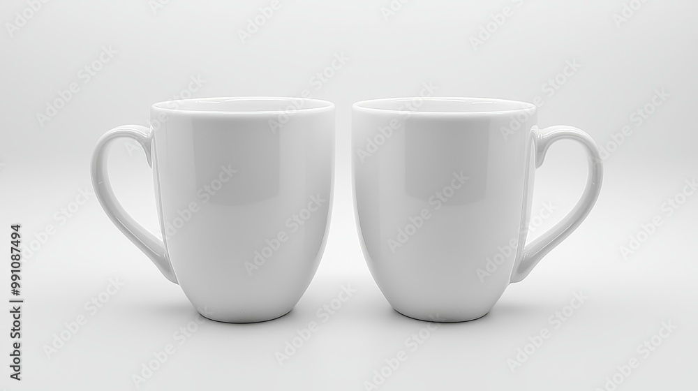 Two shiny white cups with an elegant, symmetrical design on a white background, reflecting light beautifully. Two shiny white cups with an elegant, symmetrical design on a white background, reflecting light beautifully.