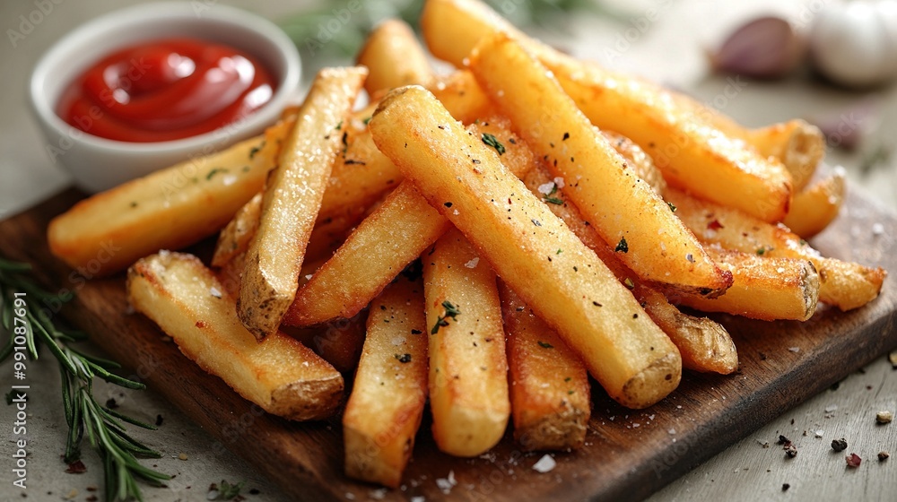 Crispy French fries with tomato ketchup on a white background. Crispy French fries with tomato ketchup on a white background.