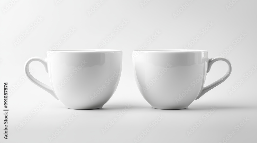 Two shiny white cups with an elegant, symmetrical design on a white background, reflecting light beautifully. Two shiny white cups with an elegant, symmetrical design on a white background, reflecting light beautifully.