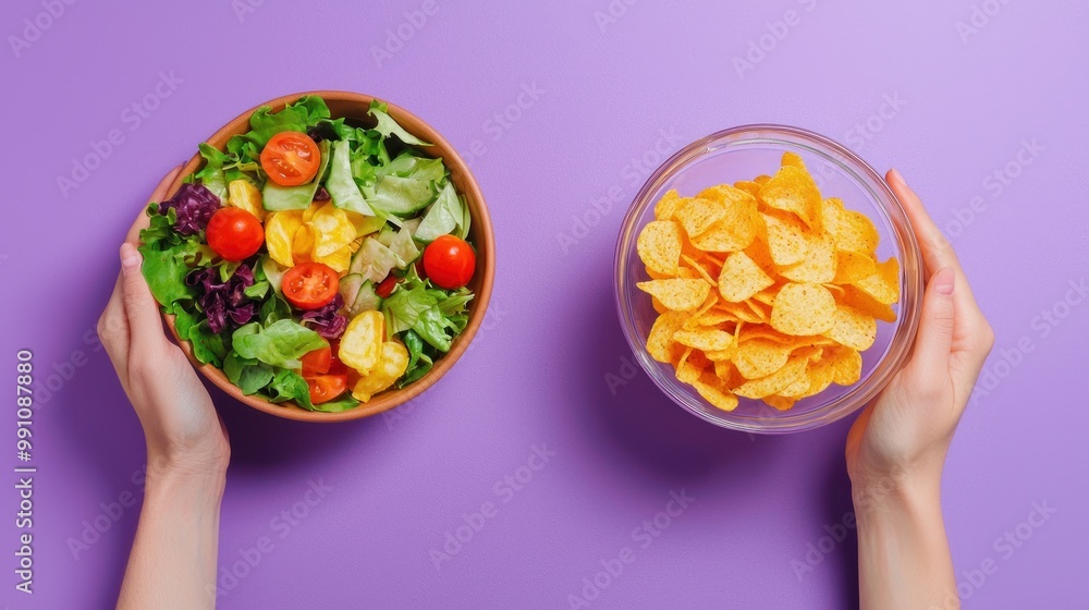 Woman's hand holding a salad bowl and a glass of french fries in a glass bowl, on a purple background. Side view of healthy eating vs fast food concept. Woman's hand holding a salad bowl and a glass of french fries in a glass bowl, on a purple background. Side view of healthy eating vs fast food concept.