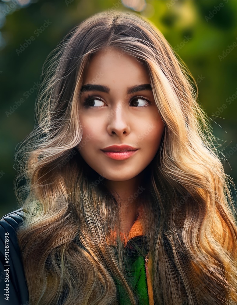 Primer plano de una chica rubia de unos 20 años con la mirada perdida y el pelo suelto Primer plano de una chica rubia de unos 20 años con la mirada perdida y el pelo suelto
