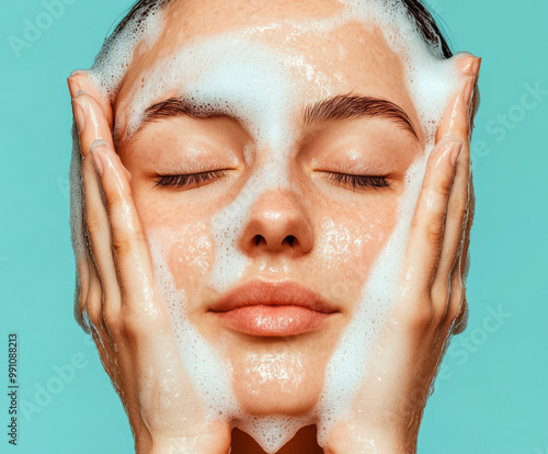 A woman gently cleanses her face with foamy cleanser, showcasing refreshing skincare routine. vibrant background enhances feeling of rejuvenation and self care photo