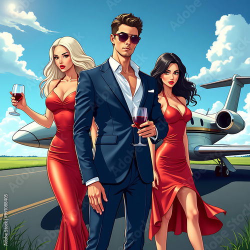 Illustration of a handsome businessman with two beautiful assistants holding a glass of wine