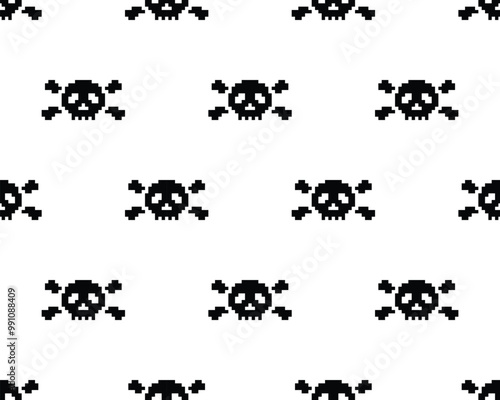 pixel Skull and bones Seamless Pattern vector pirate Skull background pixel art for 8 bit game