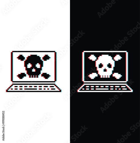 glitch pixel laptop with Virus skull icon. Vector pixel art Hacker cyber computer pc 8 bit logo for game