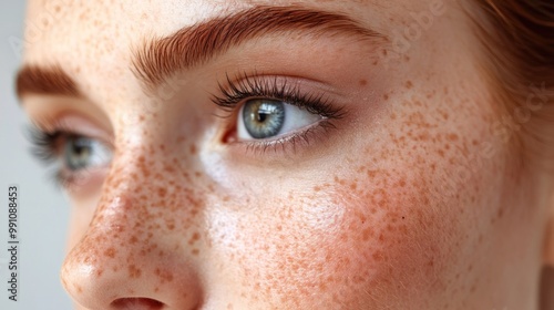 Close up of a woman's eye with freckles and long lashes. photo