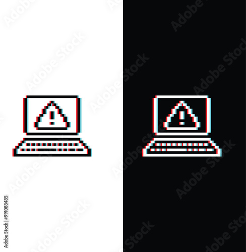 glitch pixel laptop with Virus skull icon. Vector pixel art Hacker cyber computer pc 8 bit logo for game
