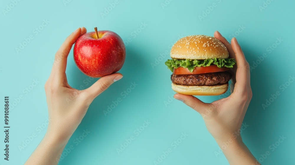 Two hands reaching for an apple and a hamburger, against a blue background, representing the concept of health versus fast food. The close-up image shows a hand holding either a piece of fruit Two hands reaching for an apple and a hamburger, against a blue background, representing the concept of health versus fast food. The close-up image shows a hand holding either a piece of fruit