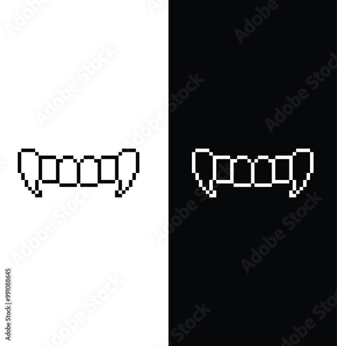 pixel vampire teeth icon. Vector pixel art Halloween dracula 8 bit logo for game