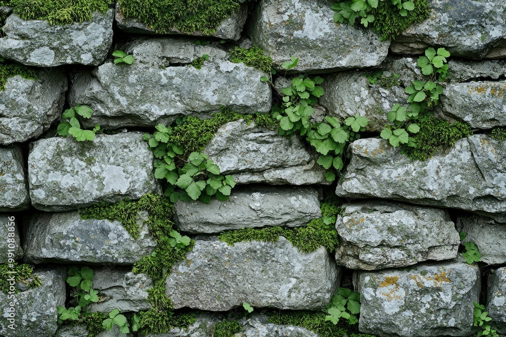 Stone Wall Covered in Moss and Green Plants Stone Wall Covered in Moss and Green Plants