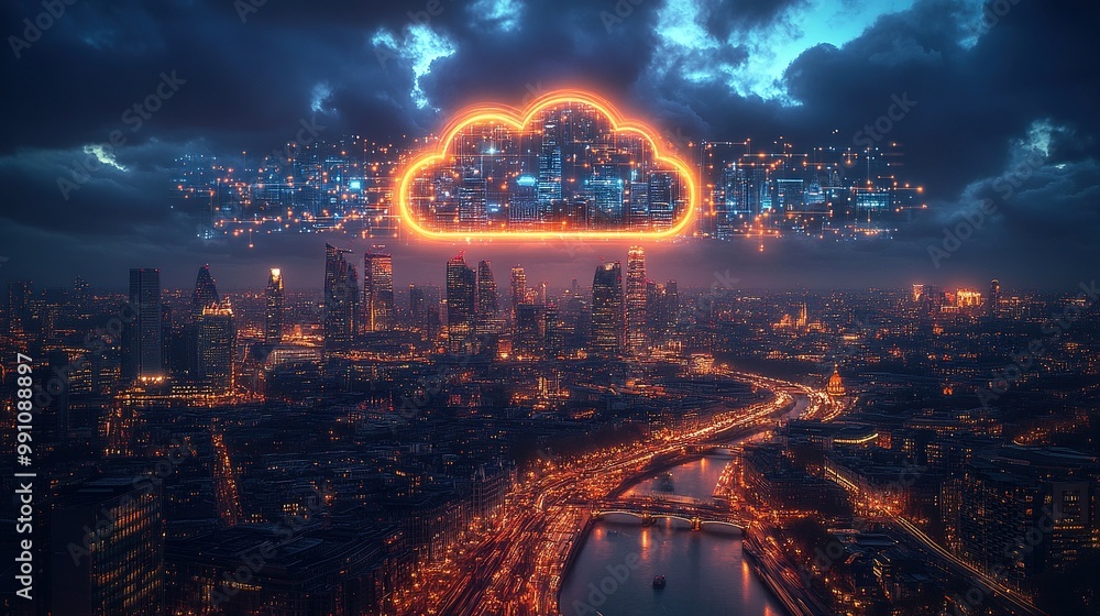 Digital icons and an urban landscape frame a cloud concept. Digital icons and an urban landscape frame a cloud concept.