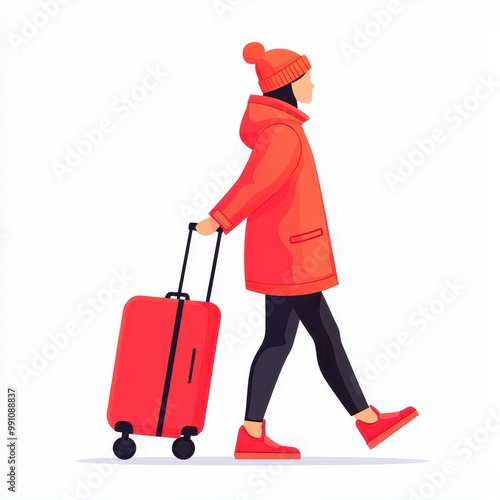 A person pulling a rolling suitcase, side view, modern clothing, vector art, isolated on white background photo