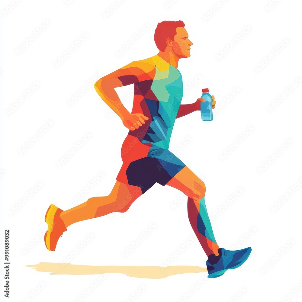 A jogger with a water bottle, mid-run, sporty outfit, modern vector art, isolated on white background A jogger with a water bottle, mid-run, sporty outfit, modern vector art, isolated on white background