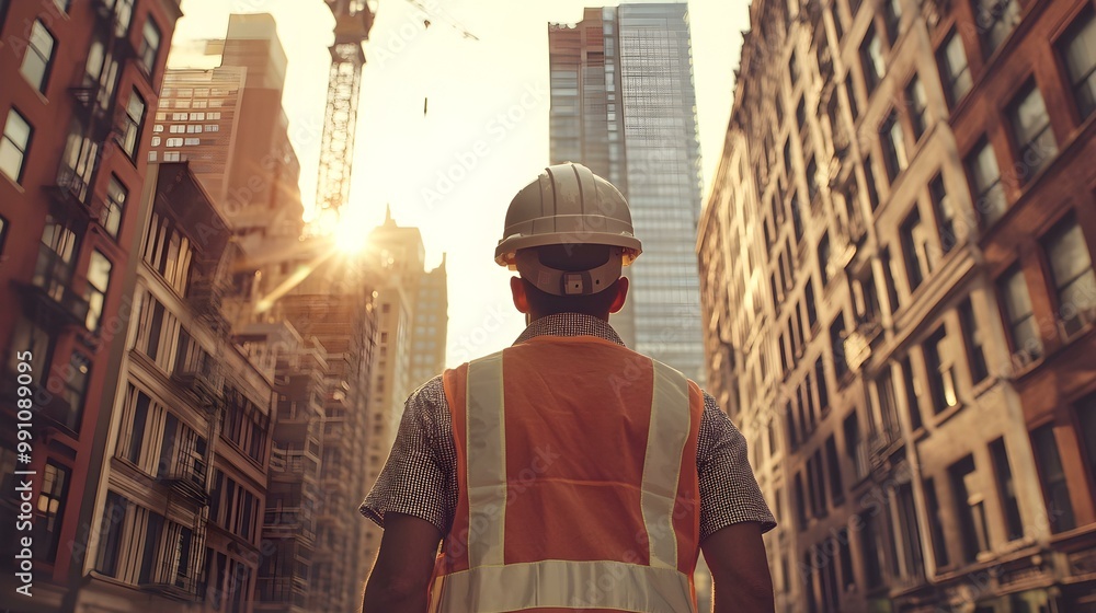 Construction worker observing urban development at sunset in city. Construction worker observing urban development at sunset in city.