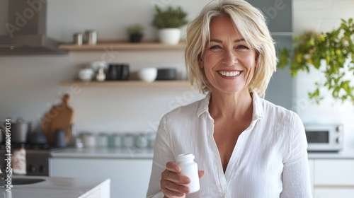 Middle-aged woman smiling, holding a pill bottle in a modern kitchen, projecting health and vitality.