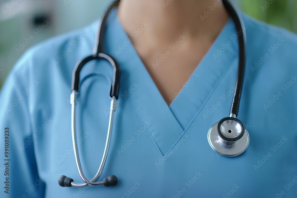 Healthcare professional wearing blue scrubs and stethoscope Healthcare professional wearing blue scrubs and stethoscope