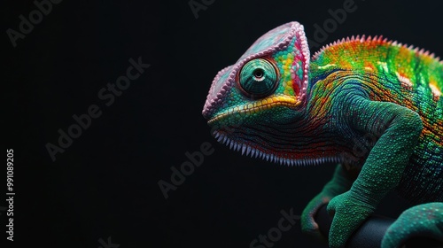 Chameleon with vibrant, iridescent colors ranging from green to yellow, perched gracefully against a black void.