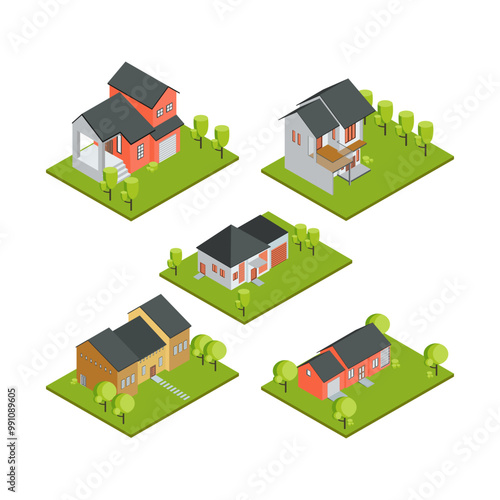 Vector Set of Detailed House Building Isometric Illustrations for Real Estate Marketing