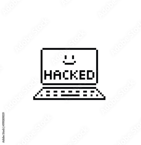 pixel laptop icon. Vector pixel art hacked laptop 8 bit logo for game