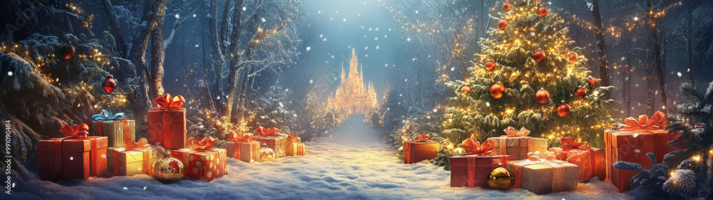 A magical winter scene featuring beautifully decorated Christmas tree surrounded by colorful presents. Snow gently falls in serene forest, creating festive atmosphere A magical winter scene featuring beautifully decorated Christmas tree surrounded by colorful presents. Snow gently falls in serene forest, creating festive atmosphere