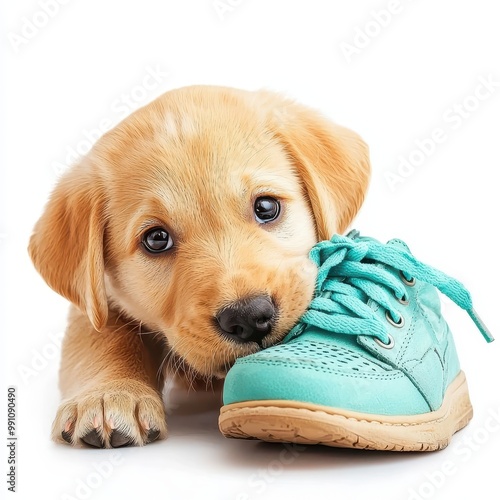 A puppy chewing on a shoe, pet mischief concept, photorealistic style, bright colors, isolated on white background photo