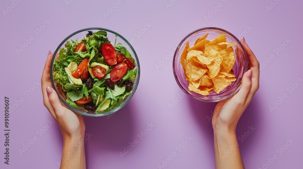 Woman's hand holding a salad bowl and a glass of french fries in a glass bowl, on a purple background. Side view of healthy eating vs fast food concept. Woman's hand holding a salad bowl and a glass of french fries in a glass bowl, on a purple background. Side view of healthy eating vs fast food concept.
