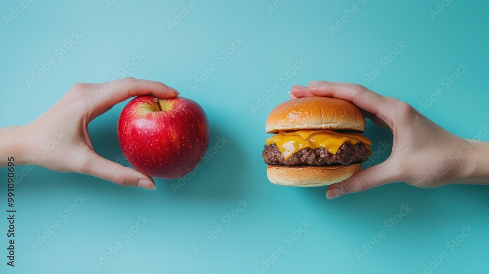 Two hands reaching for an apple and a hamburger, against a blue background, representing the concept of health versus fast food. The close-up image shows a hand holding either a piece of fruit Two hands reaching for an apple and a hamburger, against a blue background, representing the concept of health versus fast food. The close-up image shows a hand holding either a piece of fruit