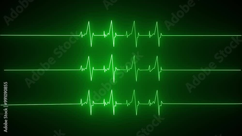 Abstract three neon heart beat green icon animation with black background.