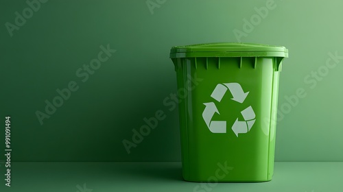 Green recycling bin symbolizes eco-friendly waste management with a recycle symbol on a light green background, emphasizing sustainability and minimalist design for urban living.