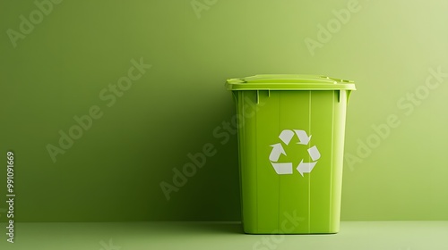 Green recycling bin symbolizes eco-friendly waste management with a recycle symbol on a light green background, emphasizing sustainability and minimalist design for urban living.