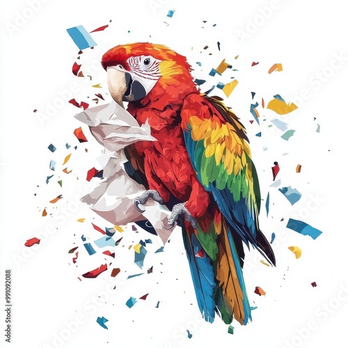 A parrot shredding paper, pet destruction, vector illustration, bold colors, isolated on white background photo