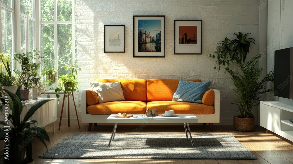 Fototapeta premium A bright living room featuring a coffee table that converts into a dining table.