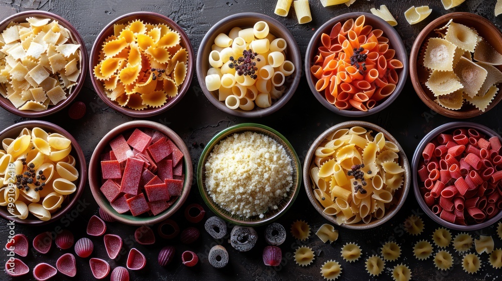 A vibrant array of pasta varieties arranged artistically in bowls against a dark textured background. Generative AI A vibrant array of pasta varieties arranged artistically in bowls against a dark textured background. Generative AI