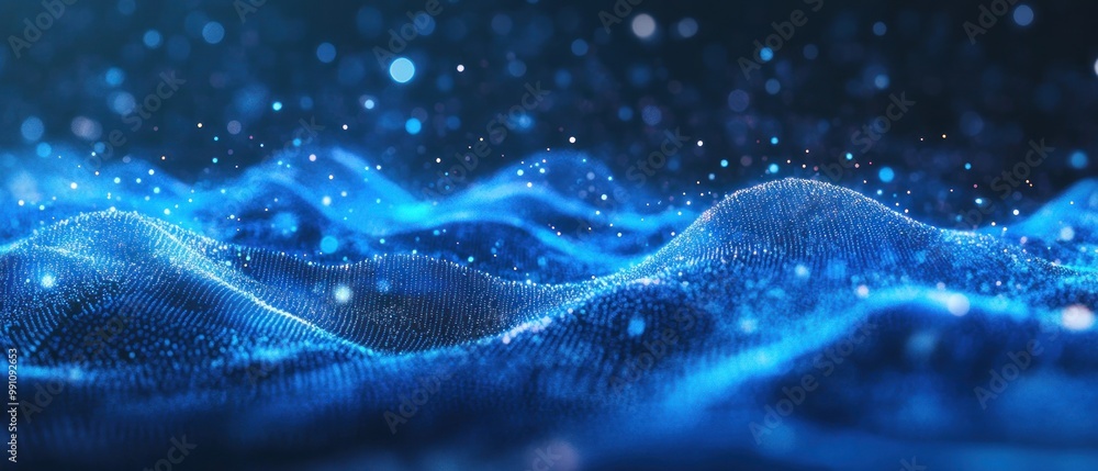 Abstract representation of blue waves with glowing particles, evoking a sense of depth. Abstract representation of blue waves with glowing particles, evoking a sense of depth.