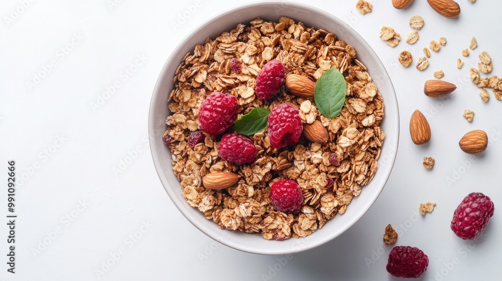 A cereal bowl with a mix of granola, dried fruits, and nuts, surrounded by fresh ingredients on a white background, showcasing a wholesome breakfast idea. A cereal bowl with a mix of granola, dried fruits, and nuts, surrounded by fresh ingredients on a white background, showcasing a wholesome breakfast idea.